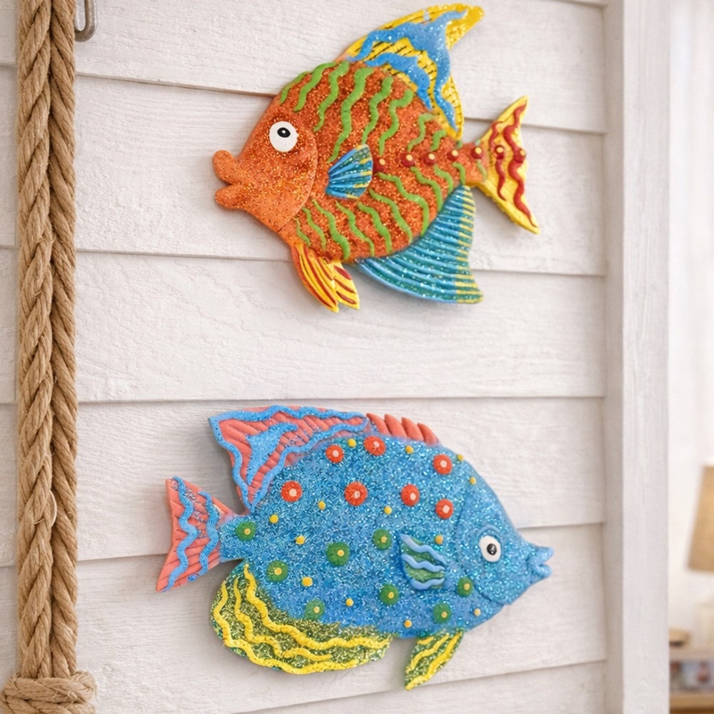 Colorful Nautical Fish Wall Art Set | Glitter Coastal Home Décor (2-Piece)